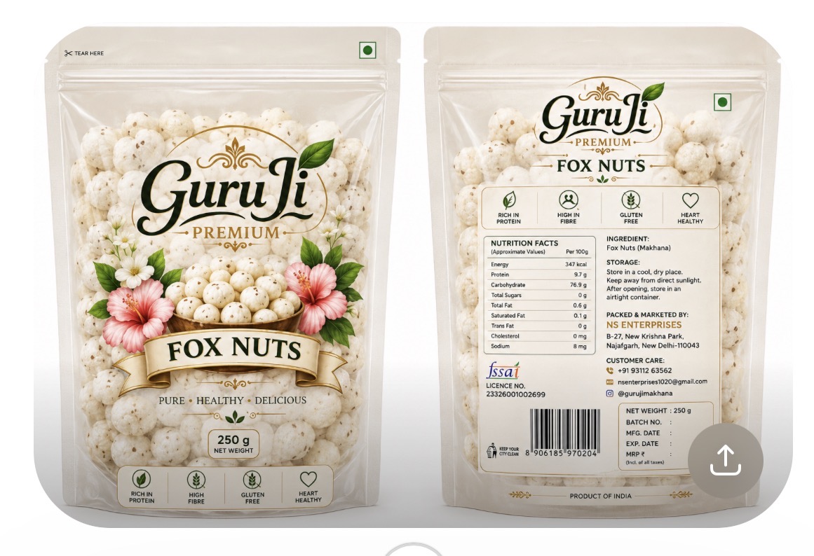 Guruji Makhana premium pouch front and back – nutrition facts and quality grading